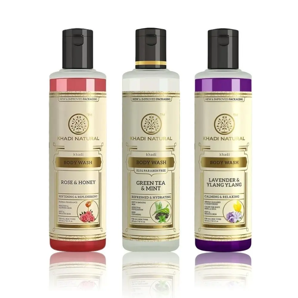 Khadi Natural Body Wash Experience Combo (Rose & Honey 210ml | Lavender & Ylang Ylang 210ml | Green Tea & Mint 210ml)