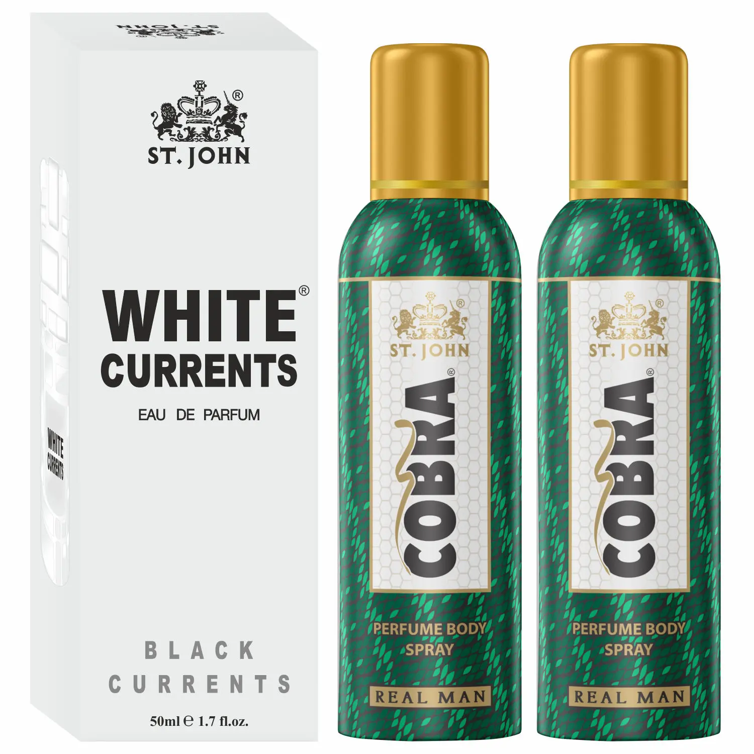 ST-JOHN Cobra Deodrant No Gas Real Man Pack of 2 100ml each & White Current 50ml Combo Perfume Body Spray - For Men & Women (250 ml, Pack of 2)