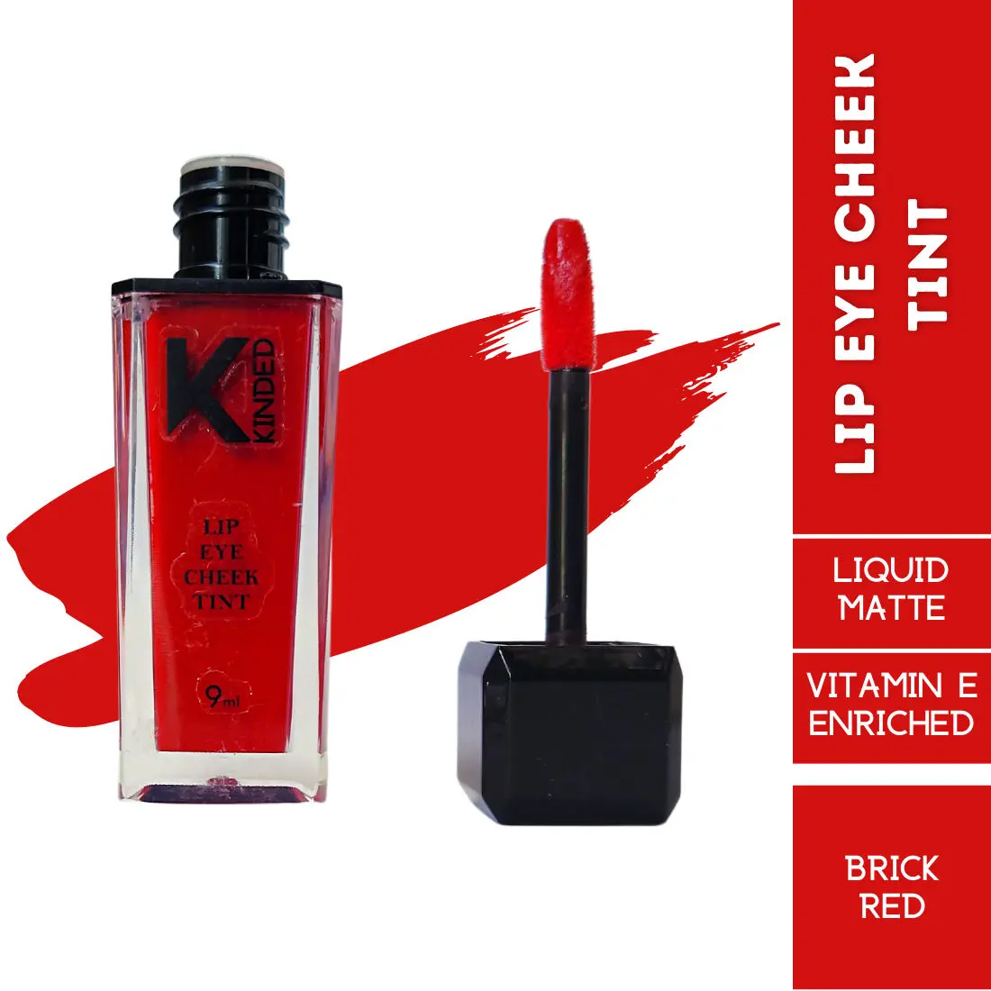 KINDED Lip Eye and Cheek Tint for Women Girls Pigmented Liquid Lip Colour Lipstick Tint Eyeshadow Blush with Vitamin E Longlasting Moisturizing Nourishing (Liquid Matte Finish, Brick Red, 9 ml)