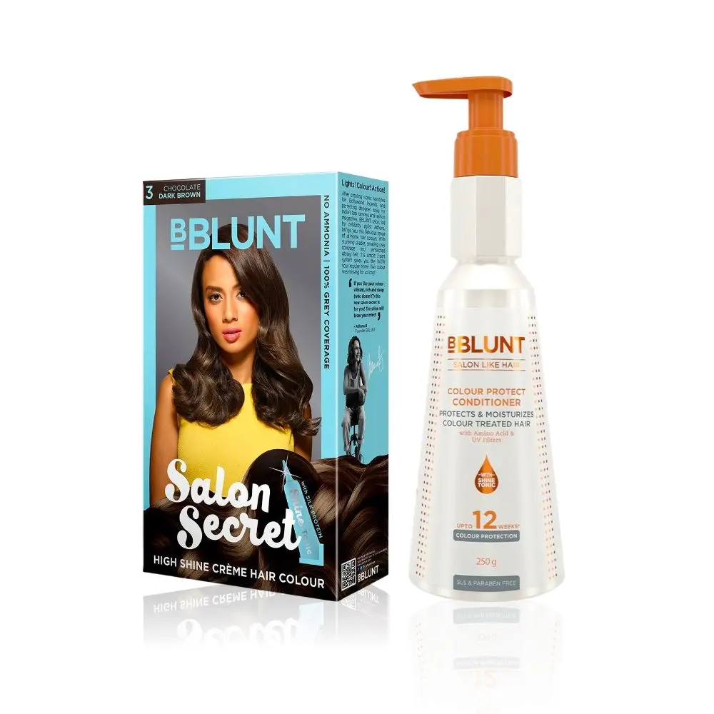 BBLUNT Salon Secret High Shine Creme Hair Colour - Chocolate Dark Brown 3. No Ammonia  ( 100 g+8ml)+BBLUNT Intense Moisture Heat Hair Spa Mask with Jojoba Oil & Vitamin E - 70 gm