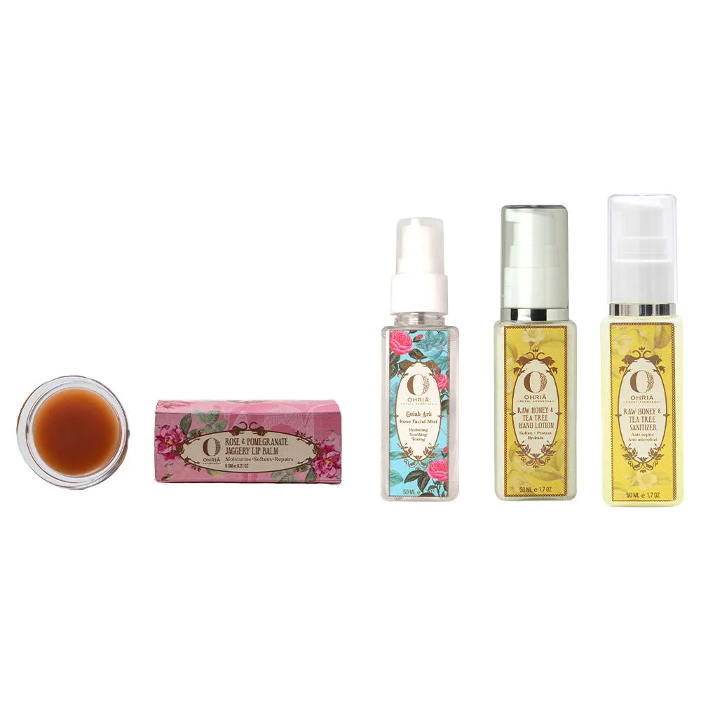 Ohria Ayurveda Beauty On-The-Go - Facial Mist + Lip Balm + Hand Sanitizer + Hand Lotion