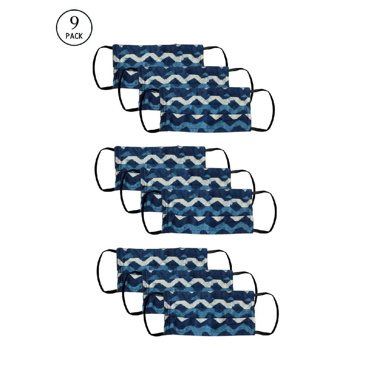 Bellofox 3-Ply Blue Indigo Zigzag Cotton Face Mask (Pack Of 9)