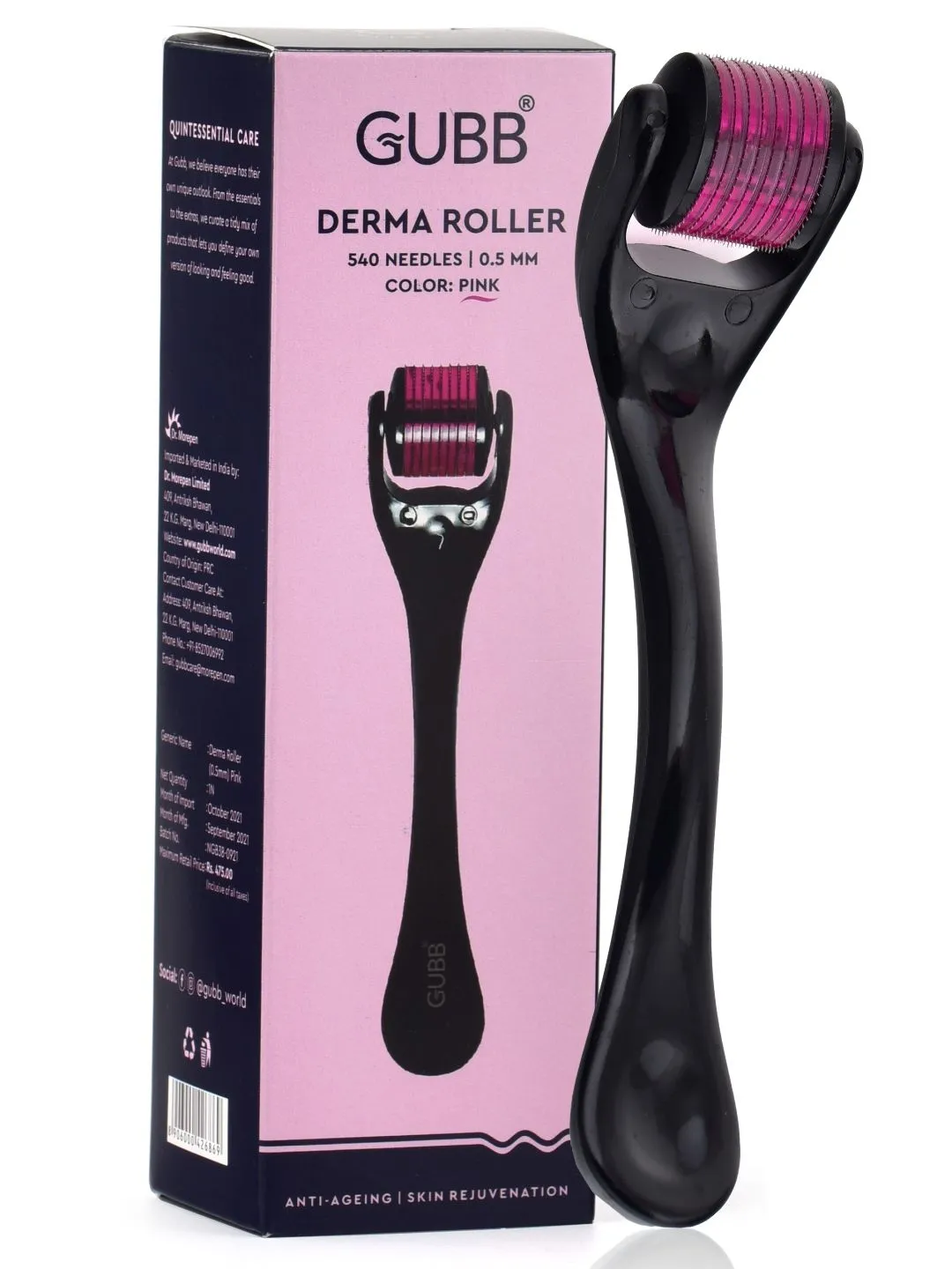 GUBB Derma Roller 0.5 Roller for Face Body, Hair Growth, 540 Micro Needles Roller Transparent Pink