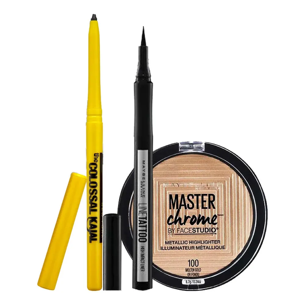 Maybelline New York Summer Makeup Essentials Combo 2|liner Masterchrome Highlighter + Colossal Kajal