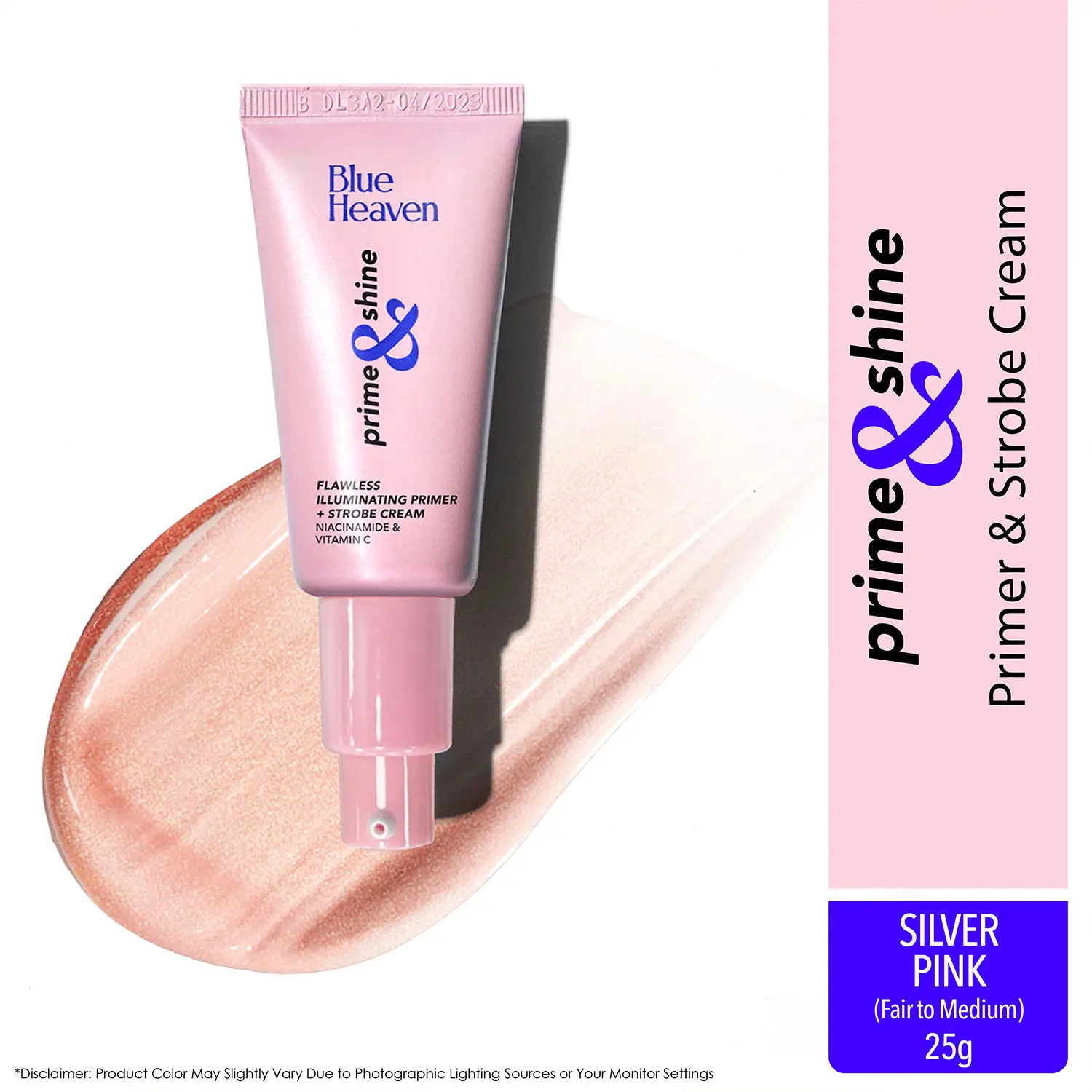 Blue Heaven Prime & Shine Flawless Illuminating Primer + Strobe Cream | Primer + Highlighter + Moisturiser |Infused with Vitamin C and Niacinamide for naturally glowing skin, Silver Pink, 25g