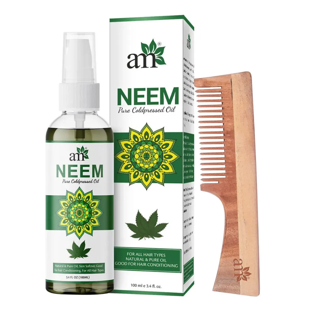 AromaMusk Cold Pressed Neem Oil & Neem Wood Comb with Handle