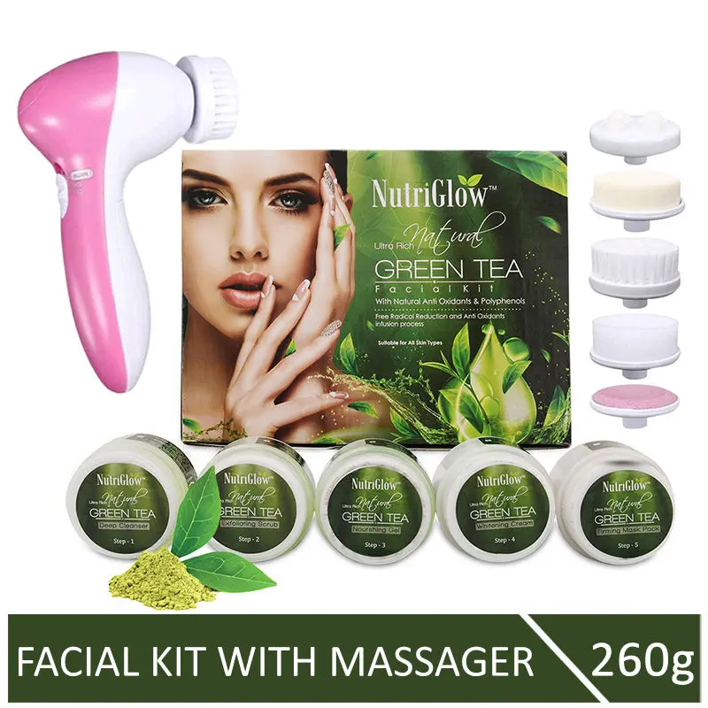 NutriGlow Ultra Rich Natural Green Tea Facial Kit For Fights Signs of Ageing (250 gm) With 5-in-1 Face Massager