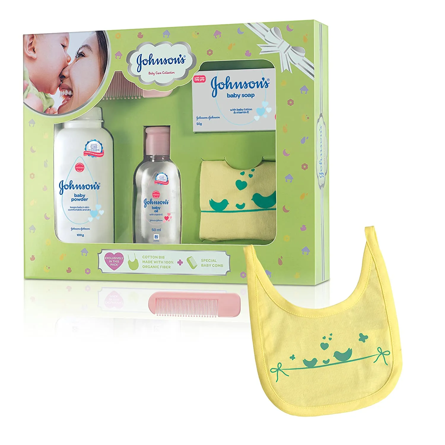 Johnson's Baby Care Collection with Organic Cotton Bib and Baby Comb (5 Gift Items, Green)