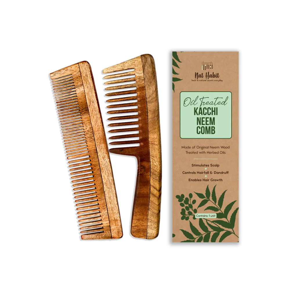 Nat Habit Oil Treated Kacchi Neem Comb - Wide + Dual Combo