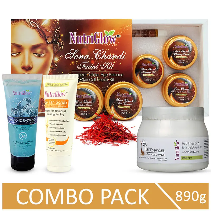 NutriGlow Combo of 4 Sona Chandi Facial Kit (260 gm)/ Diamond Face Wash (65 ml)/ De Tan Scrub (65 gm) and Hair Spa For All Hair Types (500 gm)