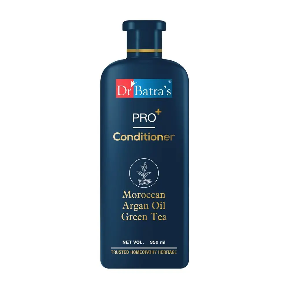 Dr Batra’s PRO+ Conditioner. Contains Moroccan Argan Oil, Green Tea, Castor Oil, Horsetail plant, Thuja Extracts. Restores Shine. Softens Dry Ends. Improves Hair Texture. Sulphate, Paraben, Silicone Free. Suitable for men and women. 350 ml