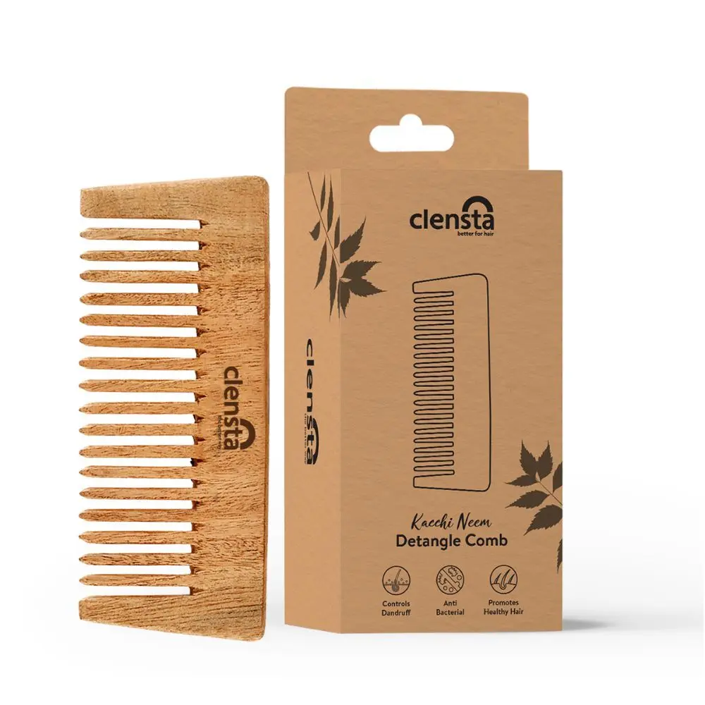 Clensta Kacchi Neem Wide Tooth Detangle Wooden Comb| Hair Growth, Hairfall, Dandruff Control| Hair Straightening, Frizz Control| Comb for Men, Women