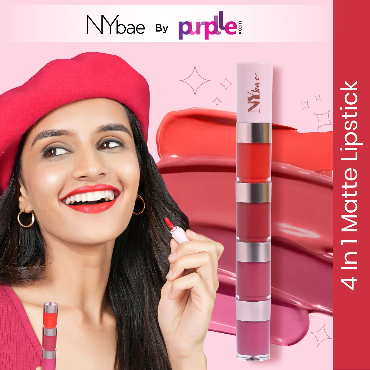 NY Bae 4 In 1 Lip Play Liquid Lipstick | Super Pigmented | Red & Pink Lipstick | Matte Finish - Rose Rush (4 ml)