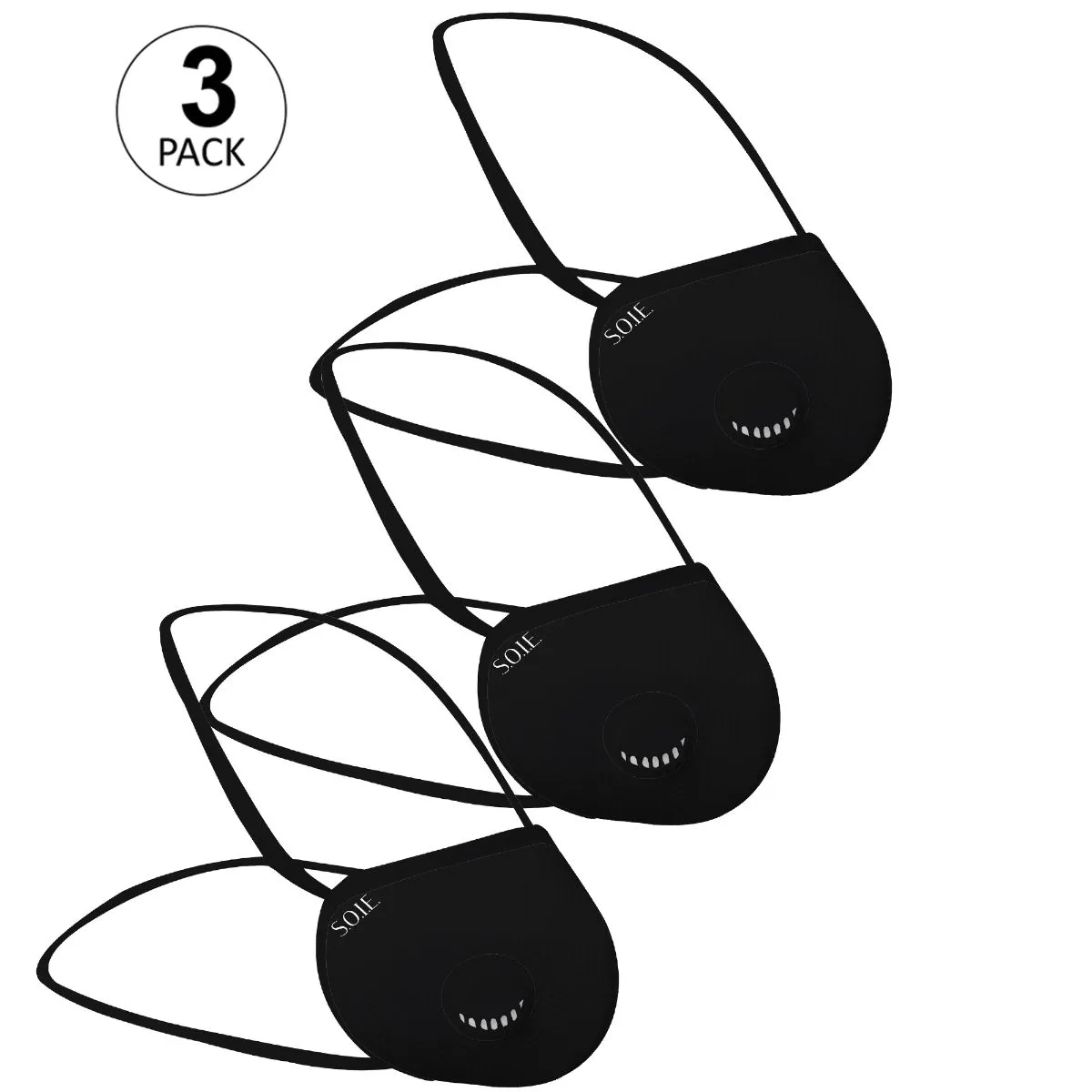 SOIE Two Way Respirator 8 Layer Reusable SN99 Head Loops Safety Mask Pack of 3 - Black (S)