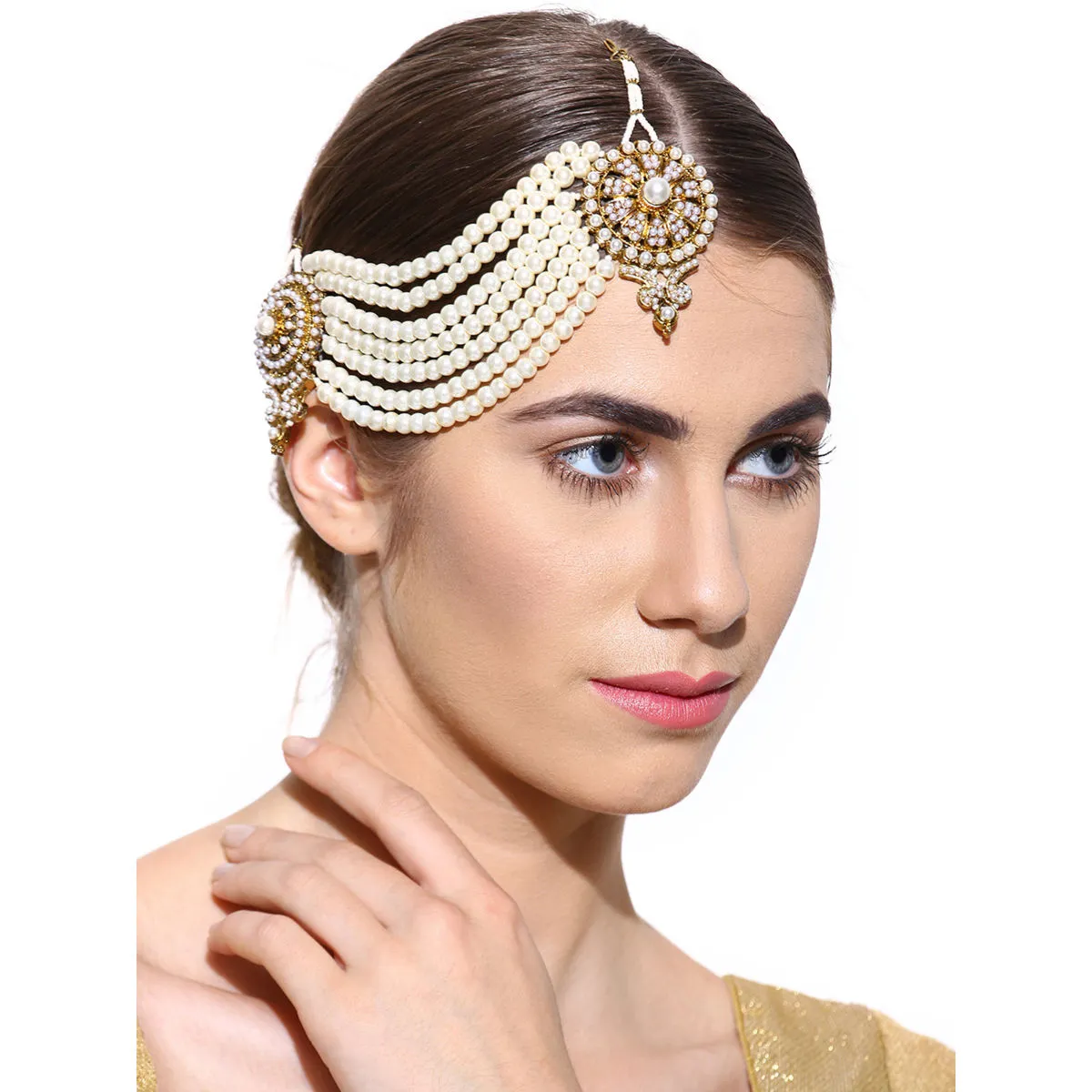 Zaveri Pearls Antique Gold Tone Multi Strand Pearls Side Passa Style Maangtikka - ZPFK2910