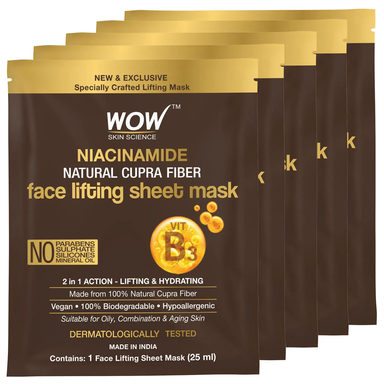 WOW Skin Science Niacinamide Natural Fiber Cupra Face Lifting Sheet Mask - Reduces Blemishes , Restores Skin Barrier And Regulates Sebum - 25 Ml - Pack of 5