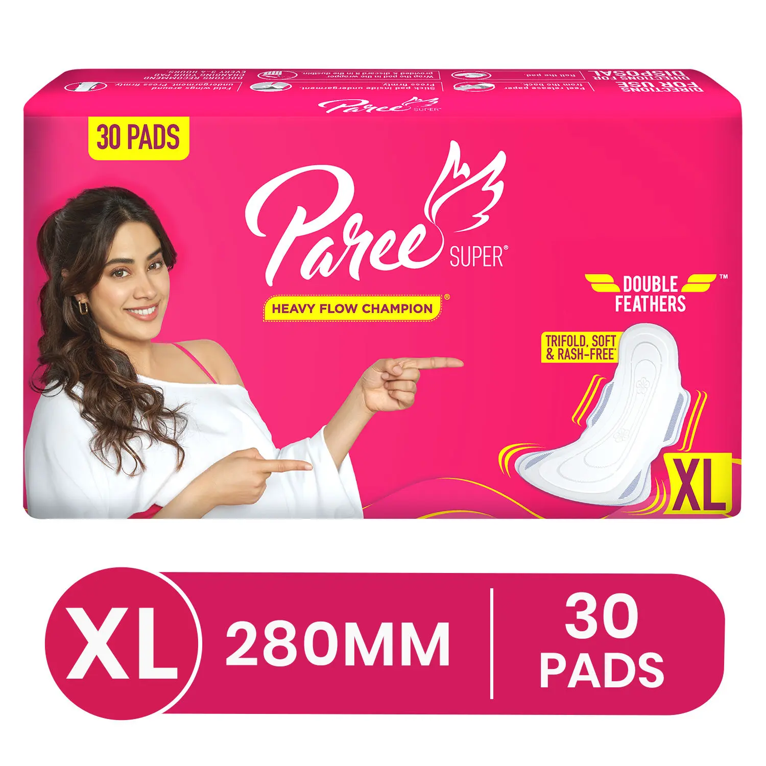 Paree Super Sanitary Pads with Double feather for Heavy Flow, XL | All Day Leakage Protection and Convenient Disposable Pouch- 30 Pads