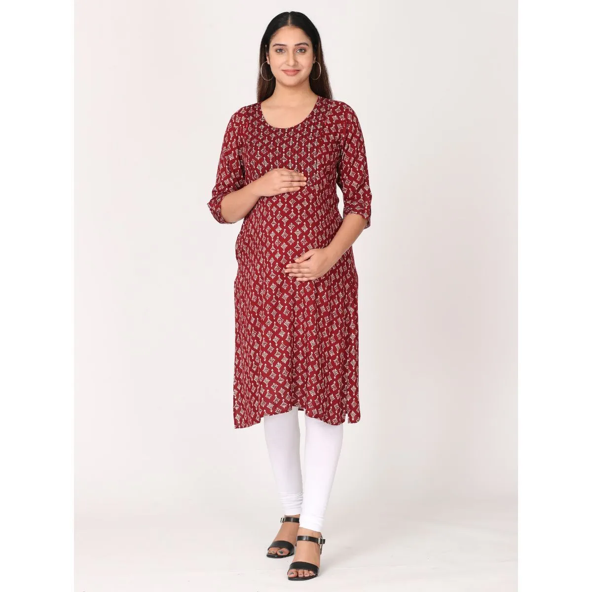 Morph Maternity Feeding Kurta With Vertical Nursing - Maroon (XL)