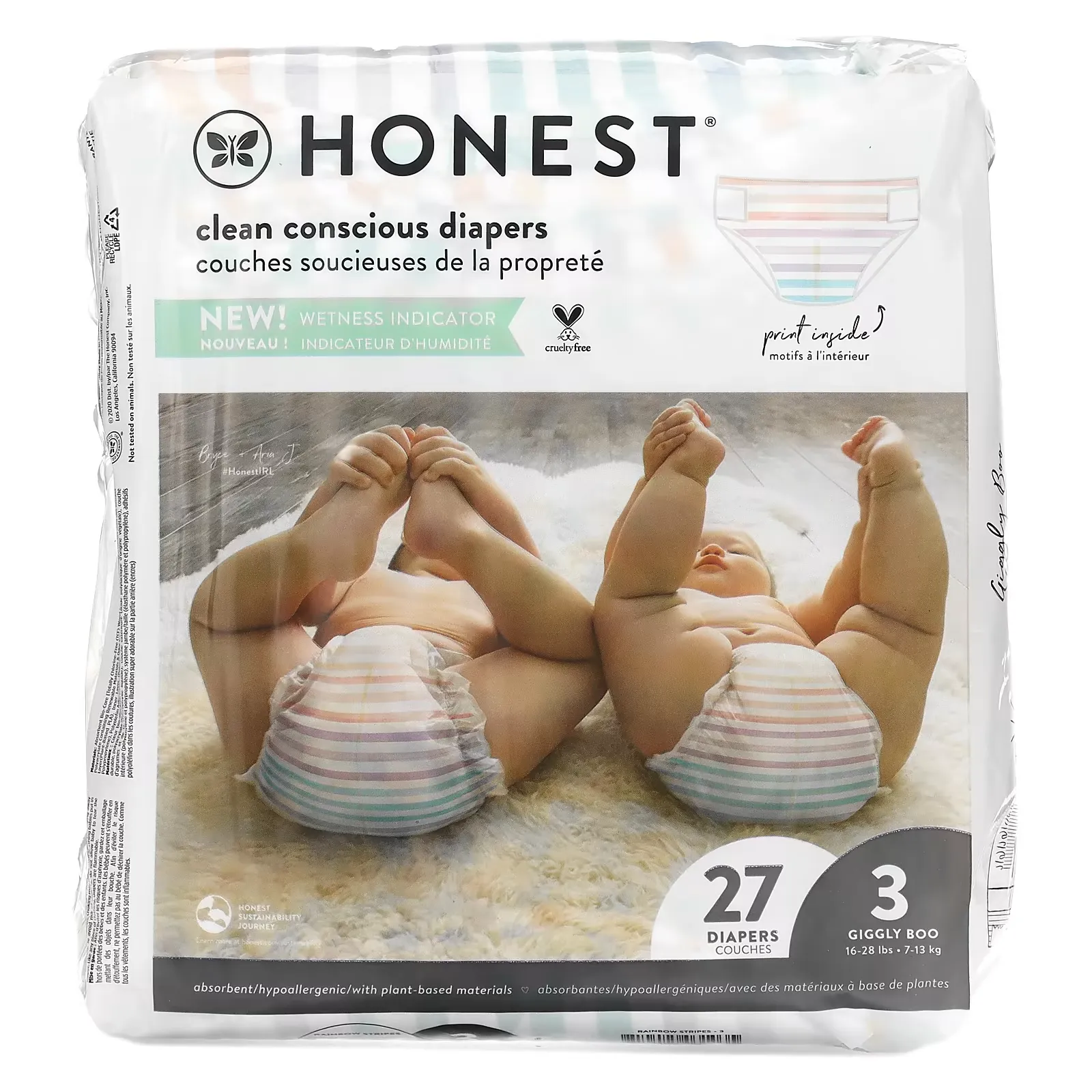 Honest Diapers, Size 3, 16-28 Pounds, Rainbow Stripes, 27 Diapers