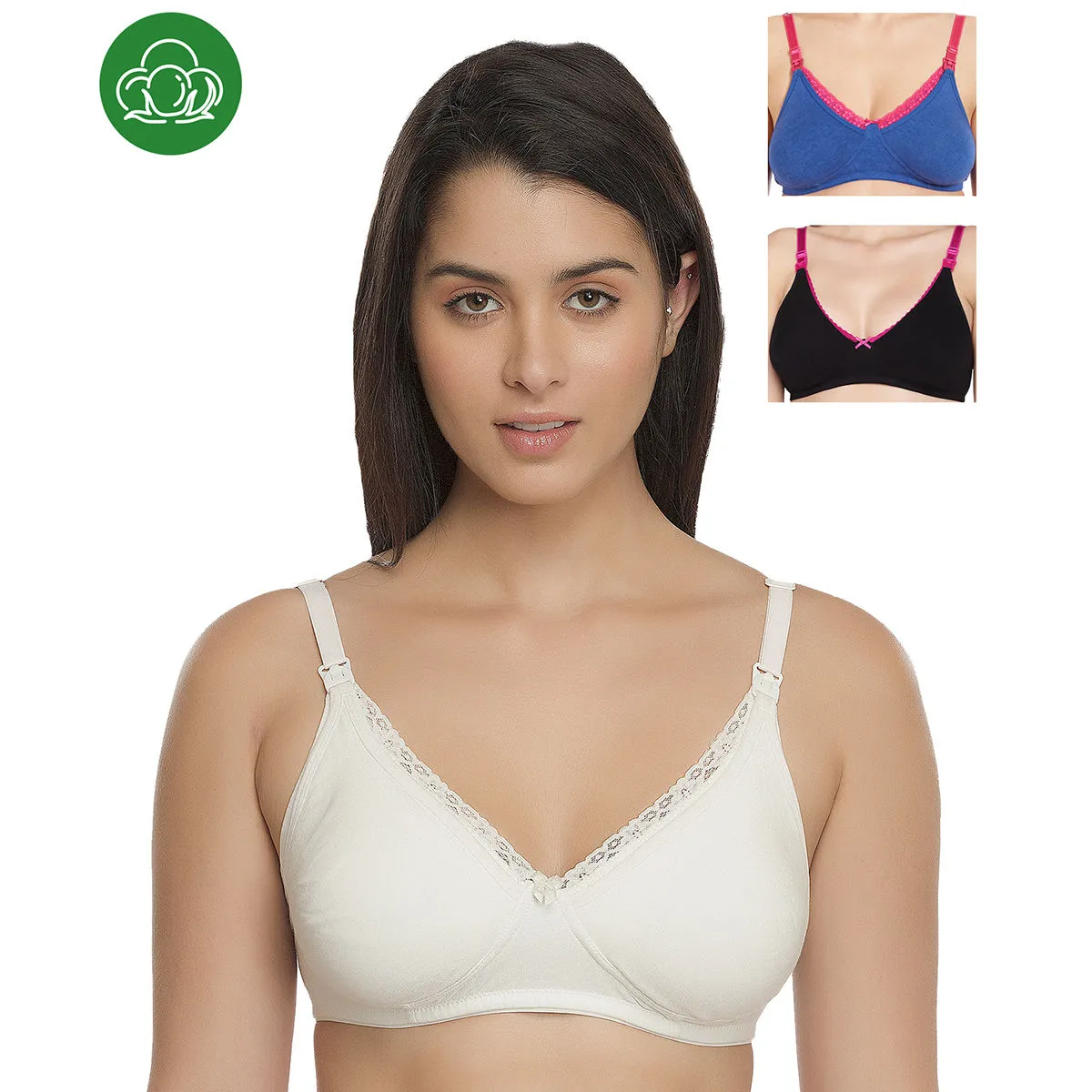 Inner Sense Organic Cotton Antimicrobial Laced Nursing Bra Pack of 3 - Multi-Color (42B)