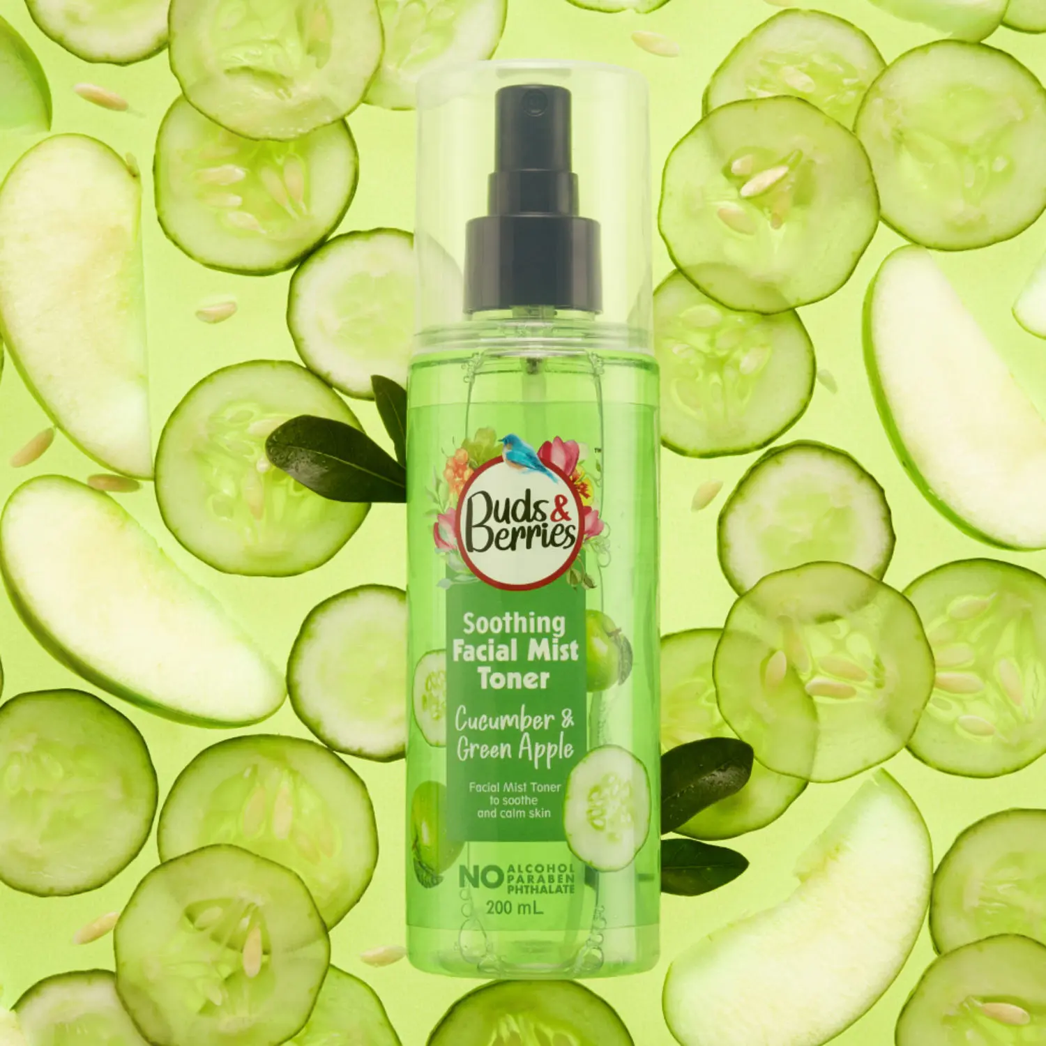 Buds & Berries Soothing Cucumber & Green Apple Facial Mist Toner | Normal To Oily Skin, No Alcohol - 200 ml