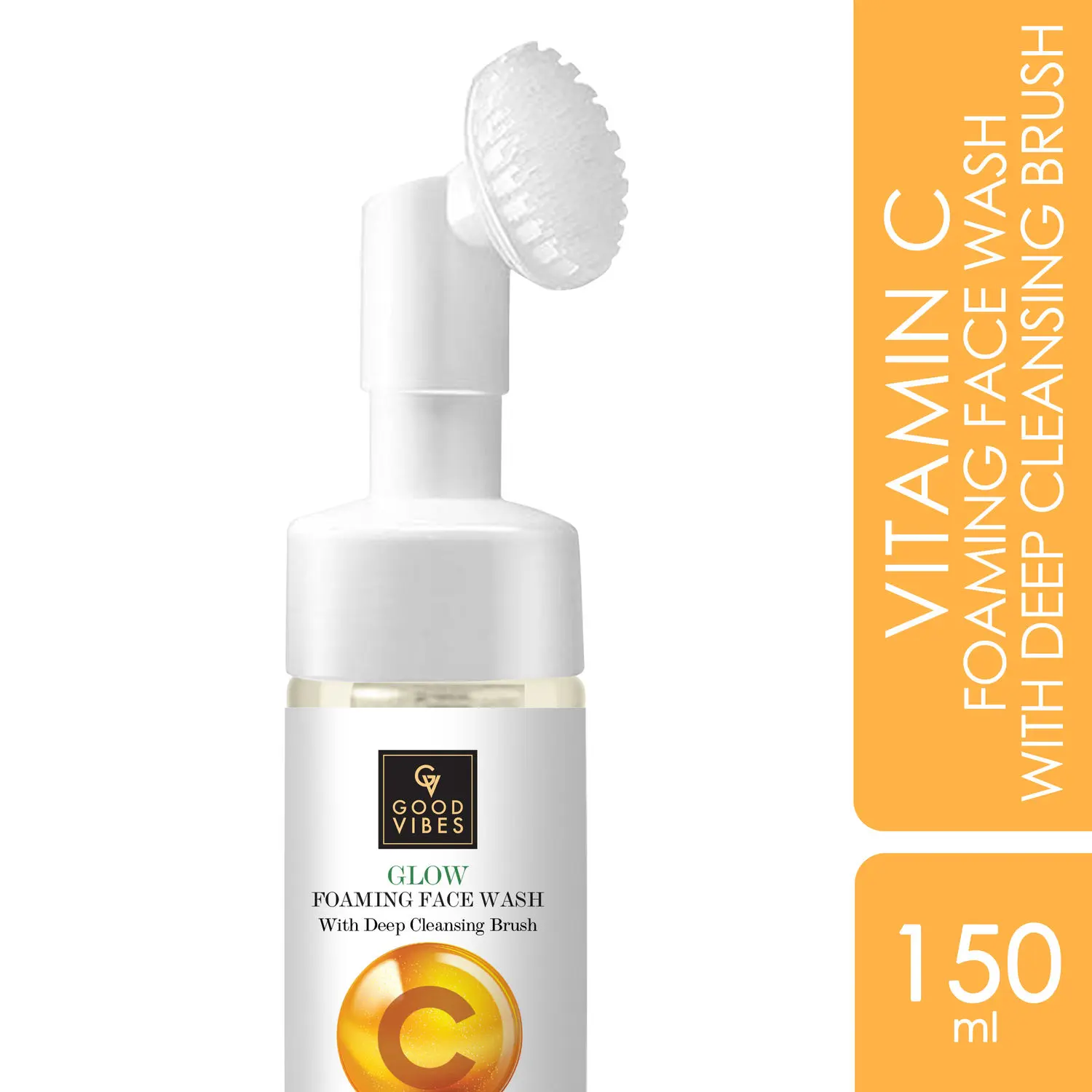 Good Vibes Vitamin C Glow Foaming Face Wash With Deep Cleansing Brush | Face Cleanser | Non-Drying, Brightening, Clear Skin | No Parabens, No Sulphates, No Animal Testing (150 ml)