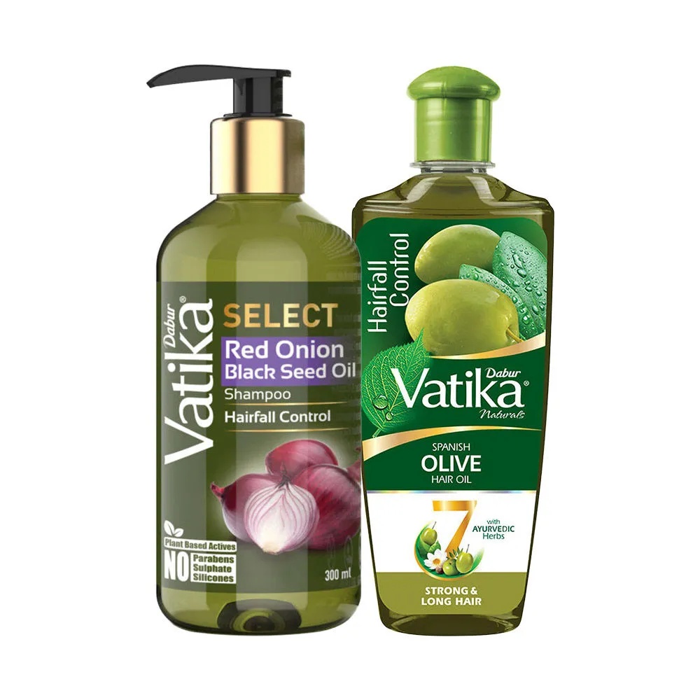 Dabur Vatika Select Red Onion Black Seed Oil Shampoo & Natural Spanish Olive Hair Oil Combo