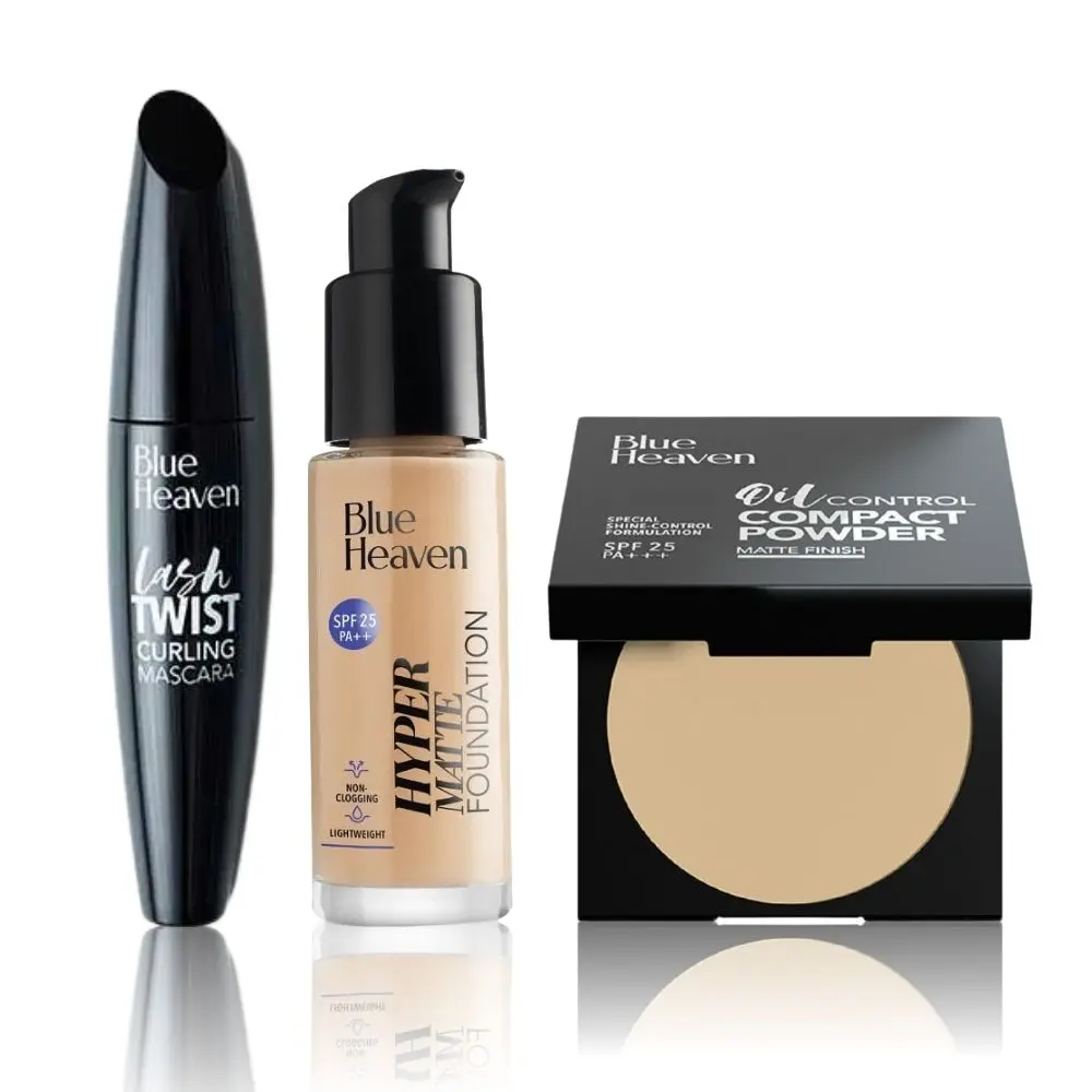 Blue Heaven Everday Radiance Set 2 (Compact Powder - Cream Blush 201, Hyper Matte Foundation - 103 Natural Sand, Lash Twist Mascara - Black Pack) (8 g + 30 ml + 12 ml)