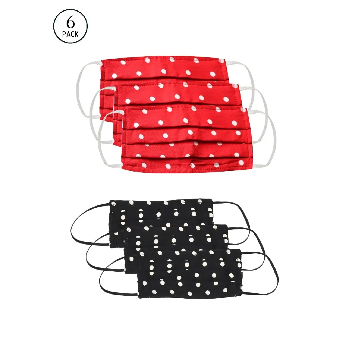 Bellofox 3-Ply Black Black & Red Polka Cotton Face Mask (Pack Of 6)