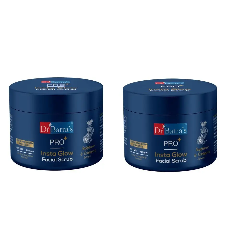 Dr Batra's PRO+ Insta Glow Facial Scrub. Exfoliates Dead Skin Cells. Unclogs Skin Pores. Brightens Skin Tone, Provides Even Complexion. Contains Echinacea, Safflower, Walnut, Niacinamide, Kaolin. 250 G. (Pack of 2)