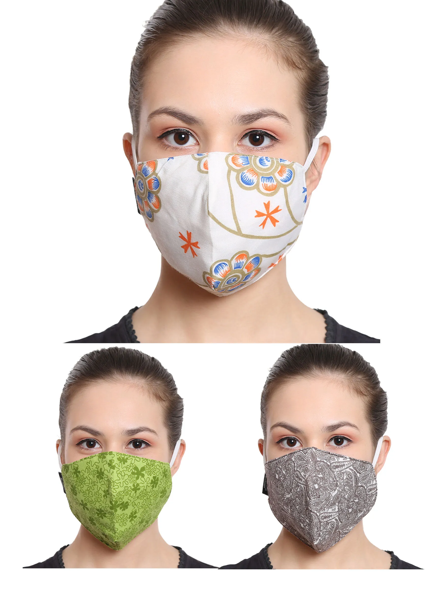 Anekaant Multicolor 3-Ply Reusable Cotton Fabric Fashion Mask (Pack Of 3)