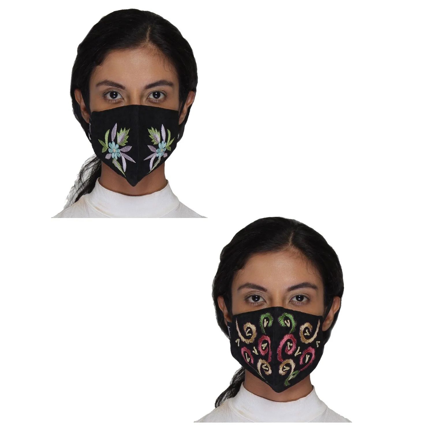 Anekaant Black Reusable 3-Ply Poly Cotton Embroidered Fabric Fashion Mask (Pack Of 2)