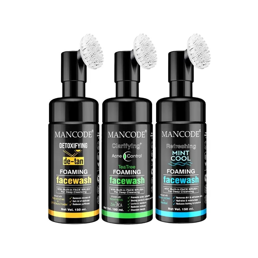 Mancode Detoxifying De Tan , Acne Control Tea Tree & Mint Cool Foaming Facewash (With Bult-in Brush),150ml Each (pack of 3)