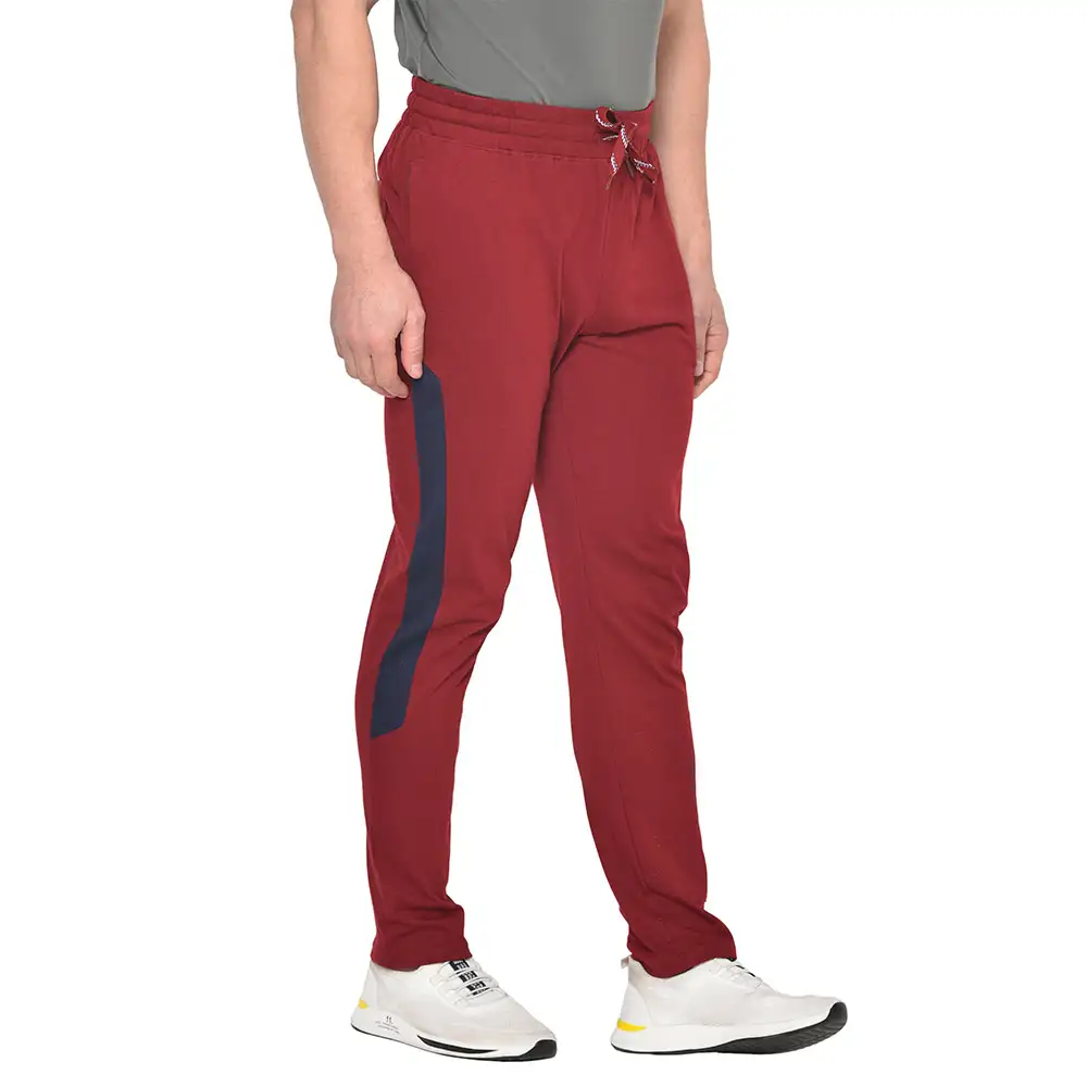 Fitinc Side Striped Cotton Trackpant with Both Side Zipper Pockets,  Wine  Small