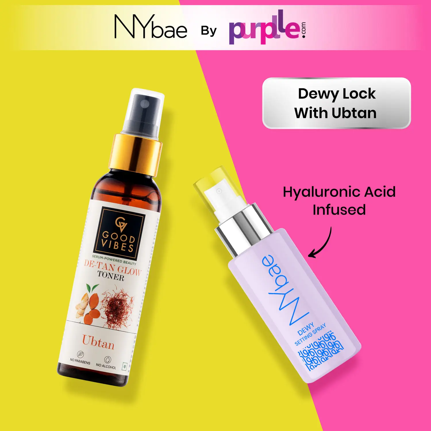 NYBae Dewy Lock with Ubtan By Purplle | Dewy Setting Spray | Hyaluronic Acid | De-Tan Glow | Long-Lasting Dewy Finish | Korean Glow | Face Mist | Makeup Kit