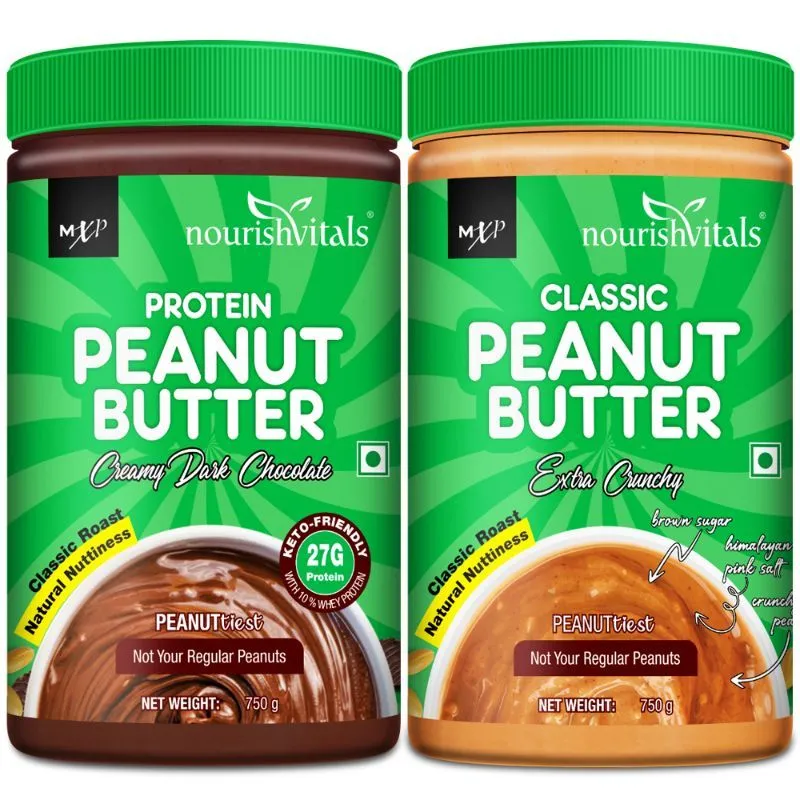 NourishVitals Protein Peanut (Creamy Dark Chocolate) + Classic Peanut Butter (Extra Crunchy)