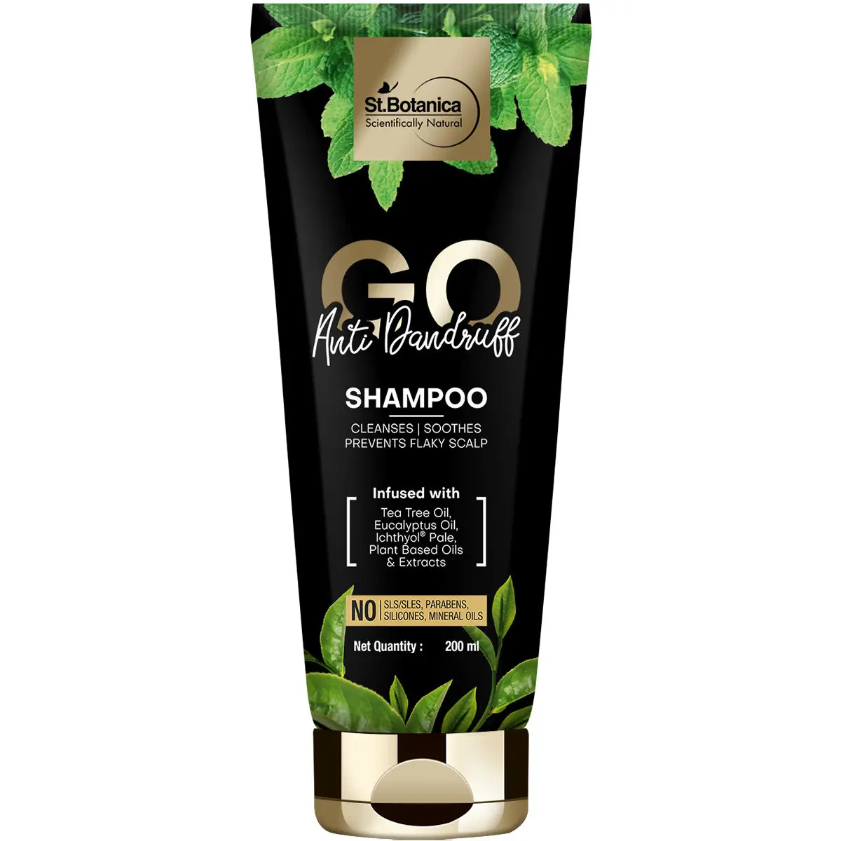 StBotanica GO Anti-Dandruff Hair Shampoo - With Ichthyol Pale, Tea Tree, Eucalyptus Oil, No SLS / Sulphate, Paraben, Silicones, Colors, 200ml