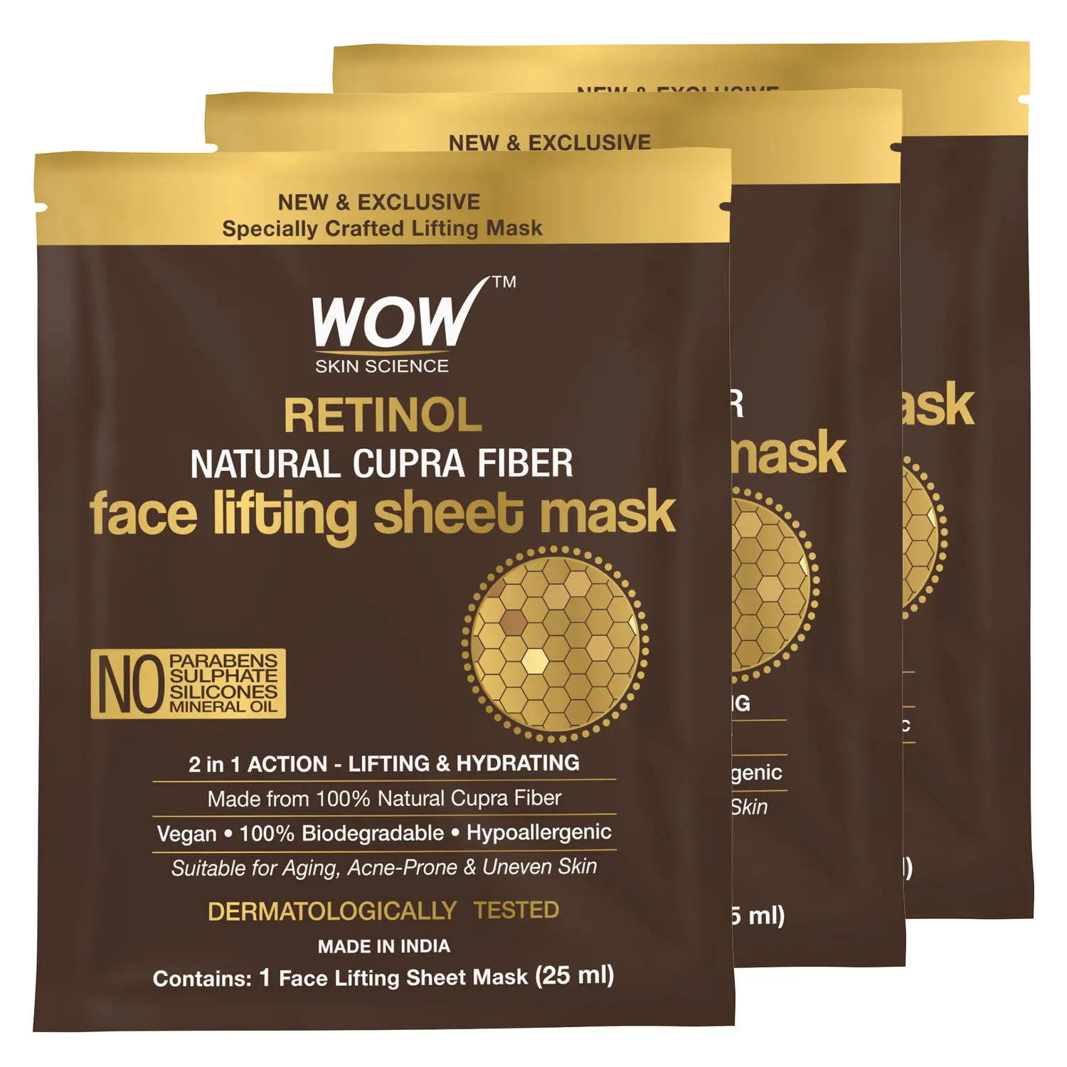 WOW Skin Science Retinol Natural Cupra Fiber Face Lifting Sheet Mask - Boosts Collagen, Reduces Fine Lines & Even Out Complexion - 25 Ml - Pack of 3