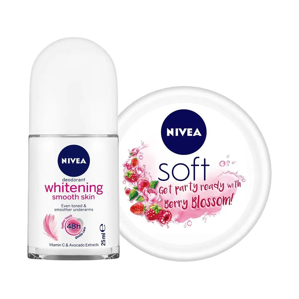 Nivea Soft Berry Blossom Moisturizing Cream And Whitening Smooth Deodorant Roll On Combo