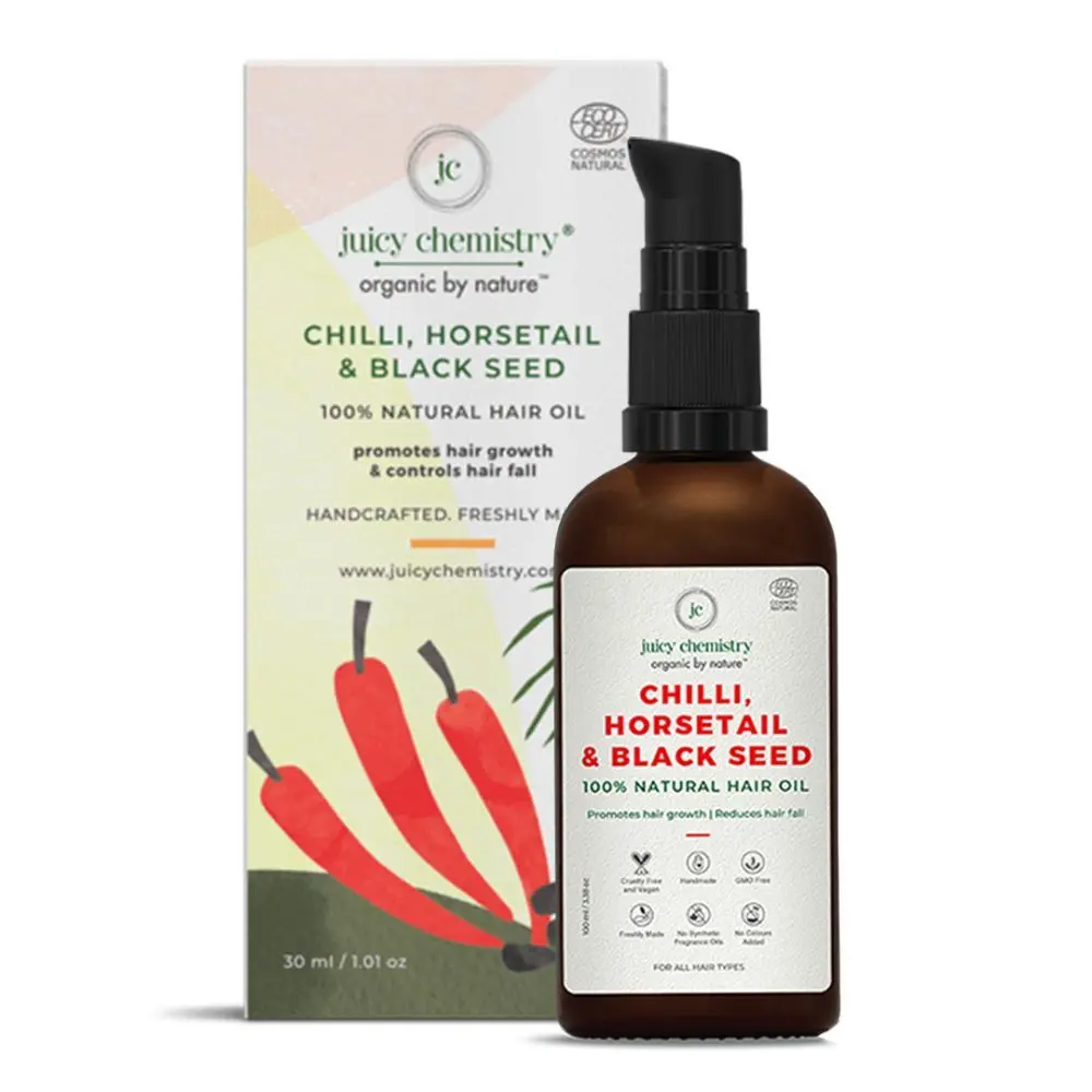 Juicy Chemistry Chilli, Horsetail & Blackseed Hair Oil for Hair Growth & Hair Fall Control, 30 ml - Clinically Tested, 100% Certified Natural for Men and Women