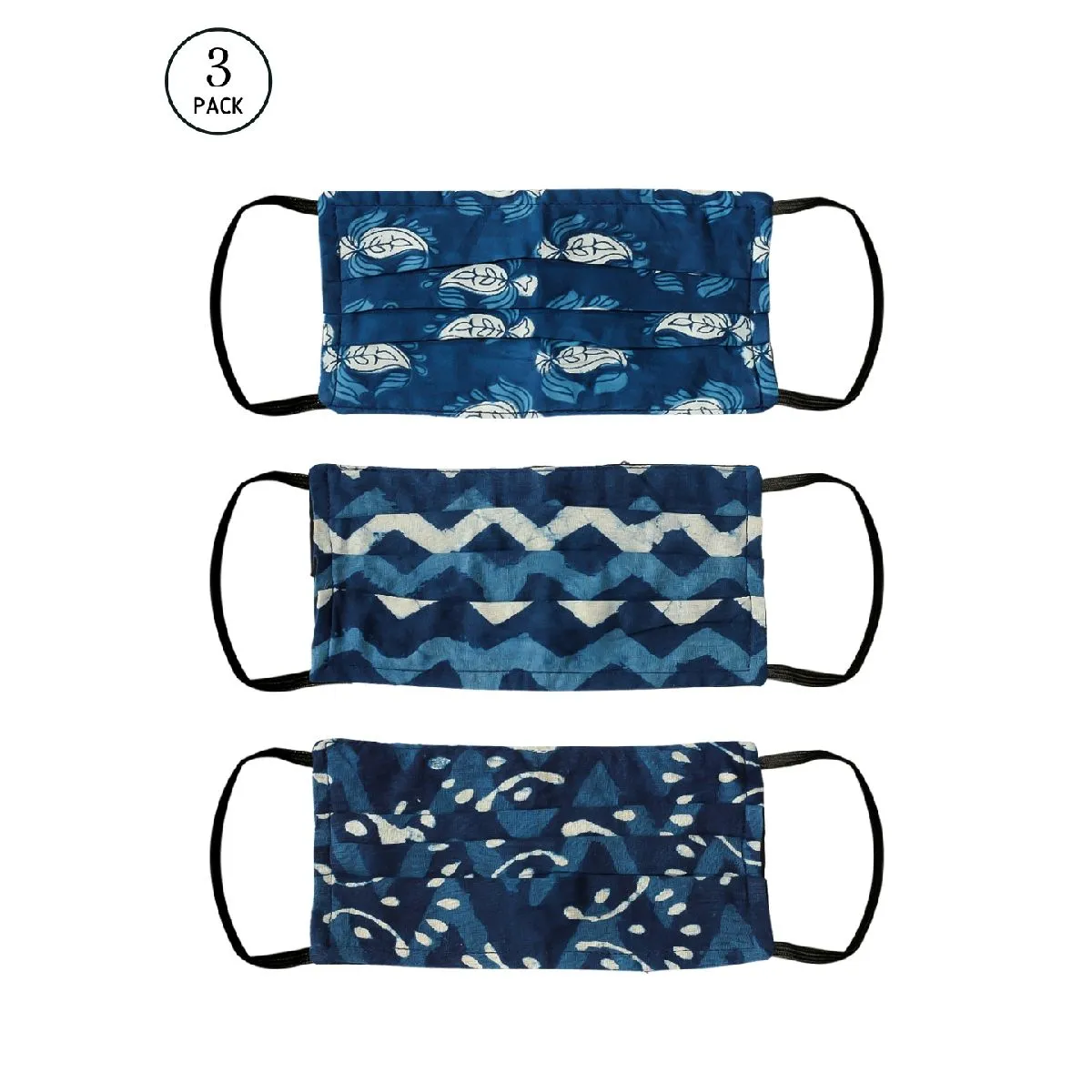 Bellofox 3-Ply Blue Indigo Paisley- Indigo Zigzag & Indigo Leaf Cotton Face Mask (Pack Of 3)