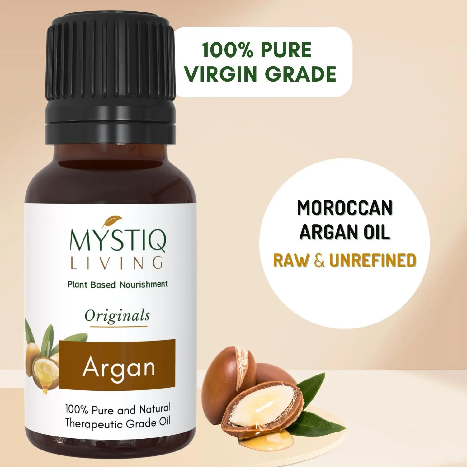 Mystiq Living Originals - Pure Moroccan Argan Oil, Cold Pressed Organic, For Hair, Skin, Beard & Anti-Ageing Face Care - 15 ml