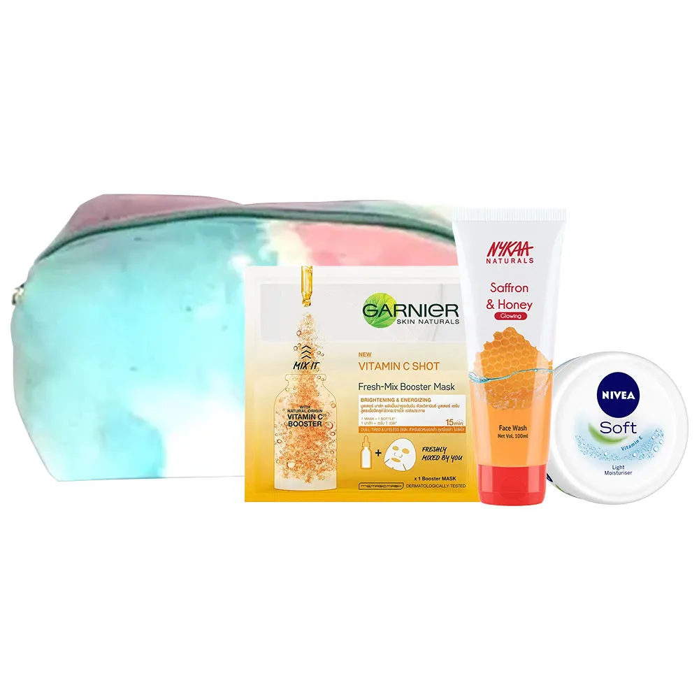 Skincare Pouch For Beginners -  Naturals Face Wash, Nivea Moisturiser, Garnier Sheet Mask