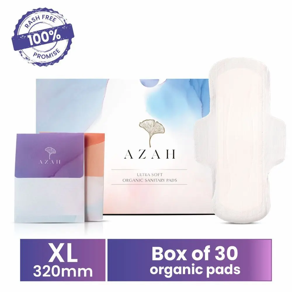 Azah Rash-Free Organic Sanitary Pads (Box of 30 Pads : All XL - with Disposable bags)