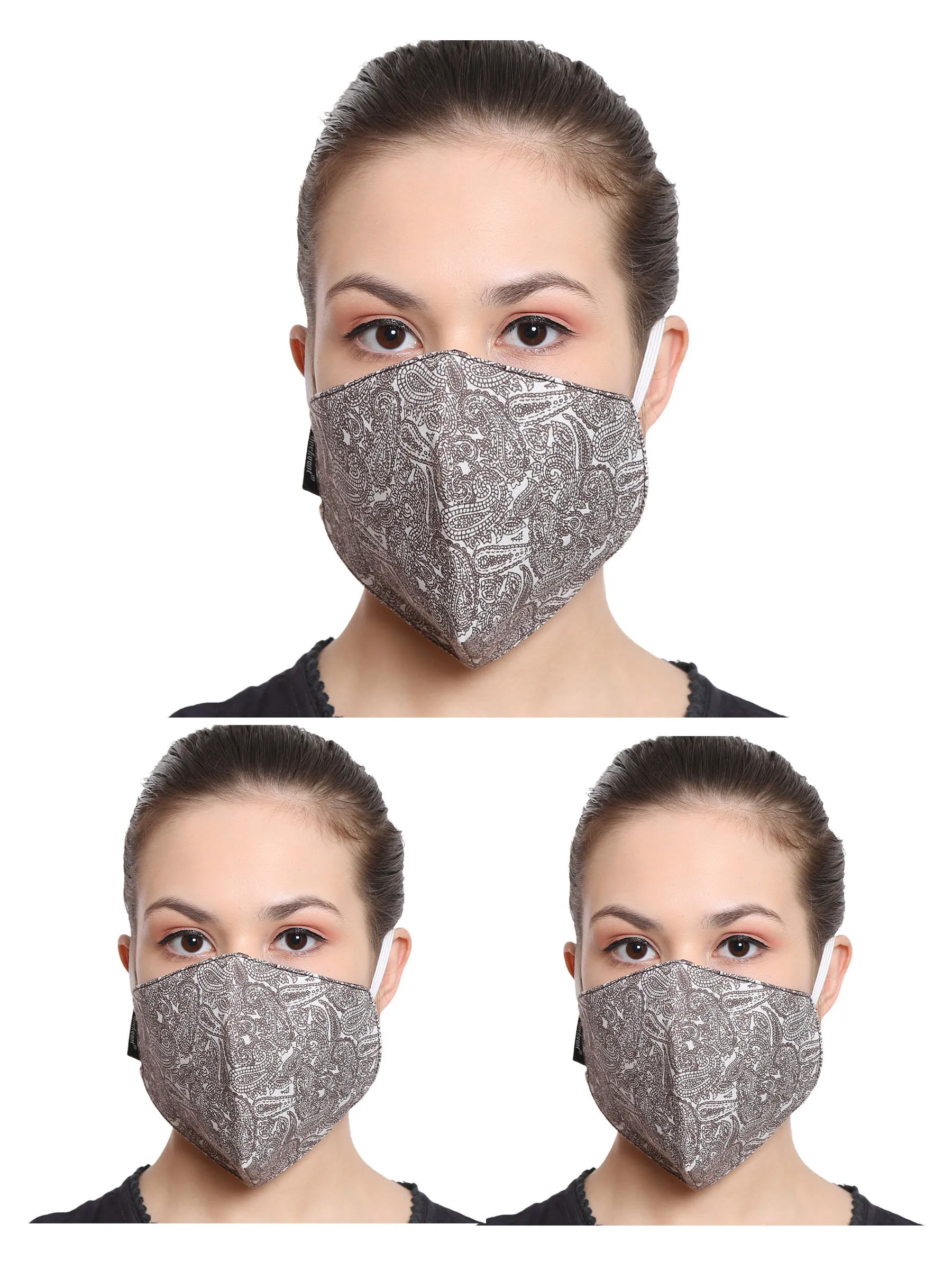 Anekaant Brown & White 3-Ply Reusable Poly Cotton Printed Fabric Fashion Mask (Pack Of 3)