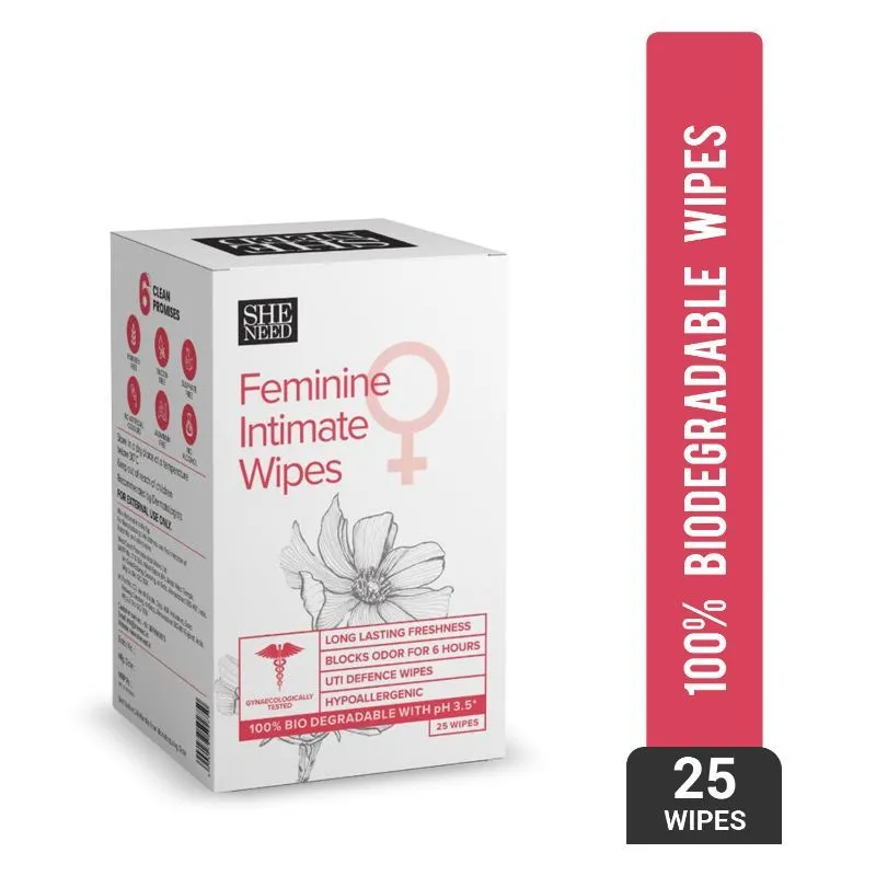 Sheneed Feminine Intimate Wipes, 100% Biodegradable, PH-balanced, UTI protected with Chamomile