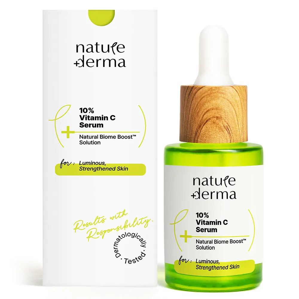 Nature Derma 10% Vitamin C Serum with Natural Biome-Boost™ To Reduce Wrinkles, Acne Marks & Dark Spots | Use For Brighter, Healthier & Strengthened Skin | 30ml | Dermatologically Tested