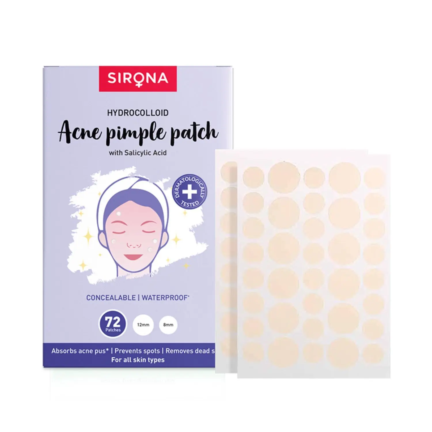 Sirona Acne Pimple Patch For Face (72 patches) | 2 sizes | Invisible, Concealable, Waterproof Patches | Hydrocolloid & Salycylic Acid | Absorbs Acne Pus | Flattens Pimple | For All Skin Types
