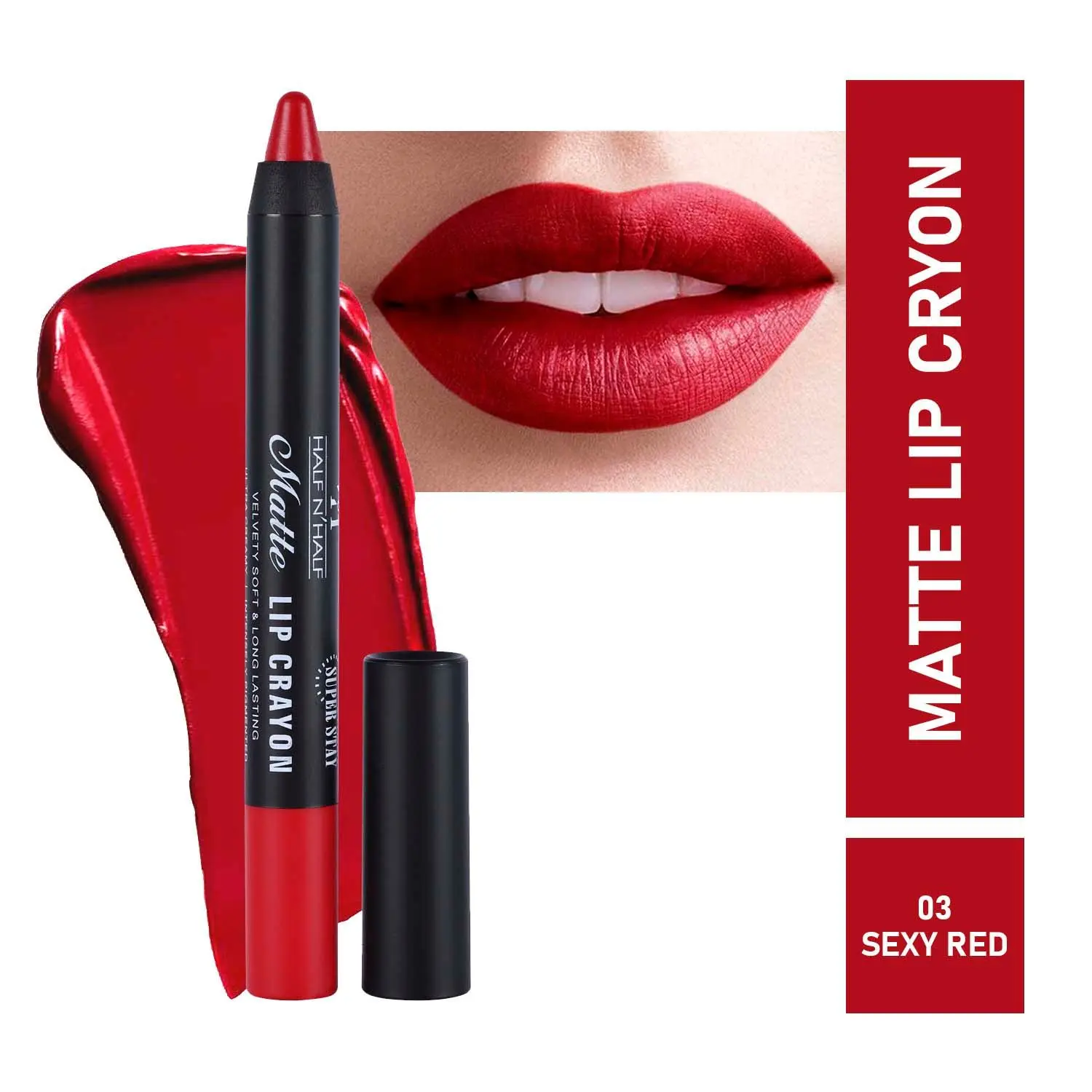 Half N Half Matte Lip Crayon Velvet Soft & Long Lasting, 24h Super Stay, 03 Sexy Red (3.5gm)