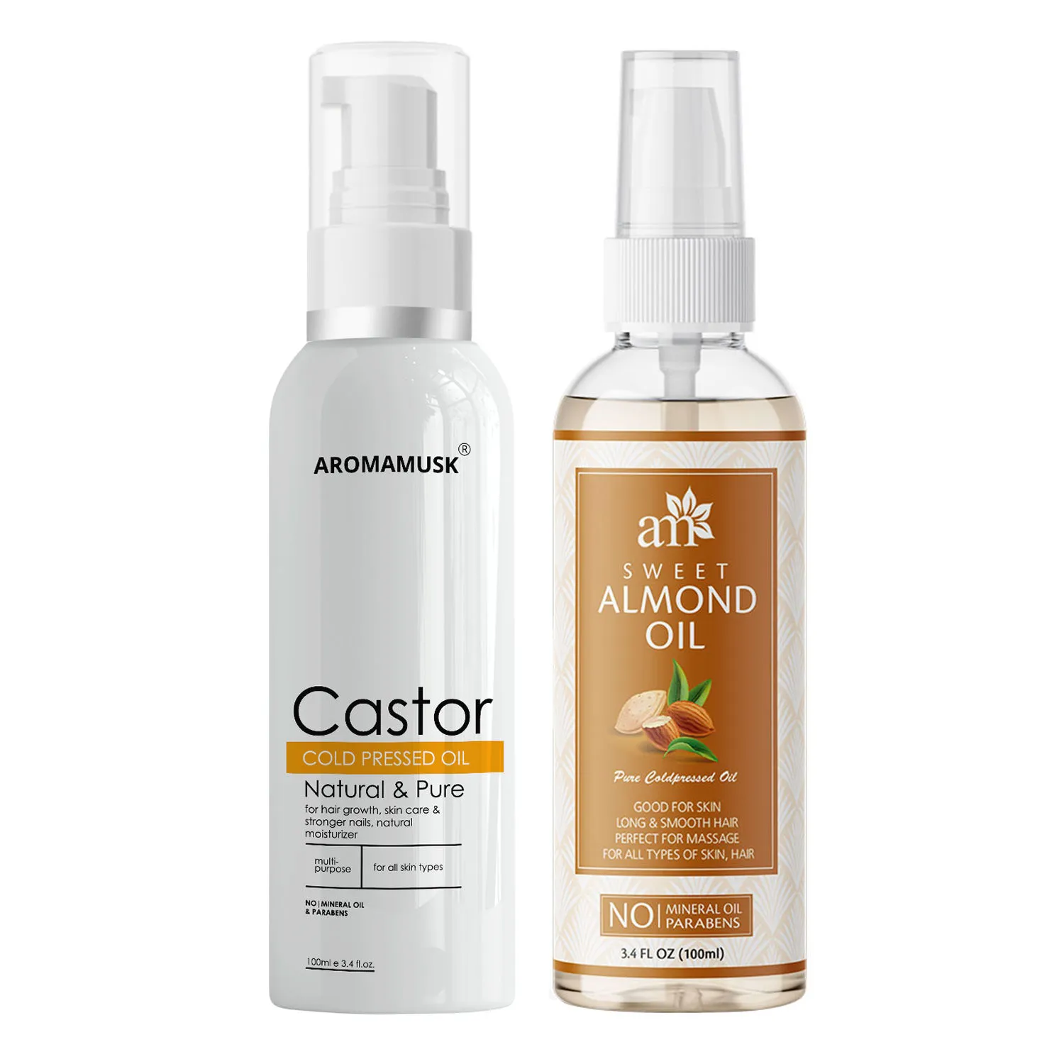 AromaMusk Organic 100% Pure Cold Pressed Castor & Sweet Almond Oil